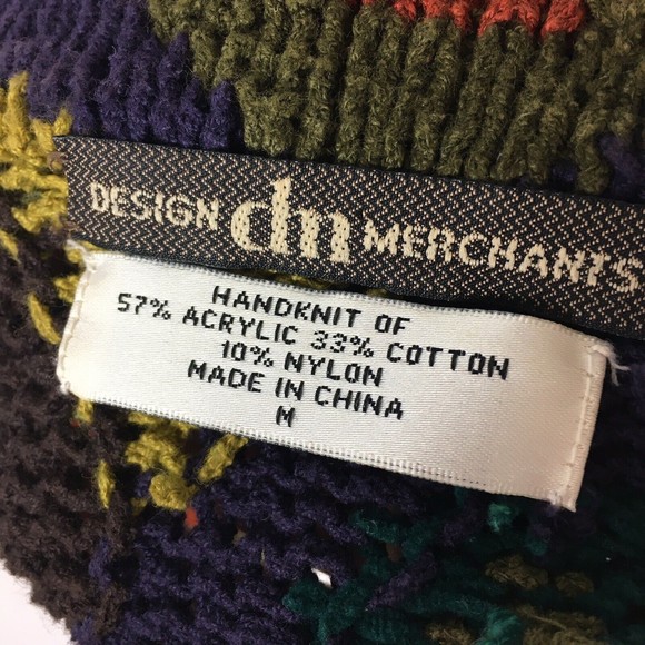 VTG Design Merchants 90s Hand Knit Button Cardigan Diamond M Yellow Green Purple - Picture 3 of 8
